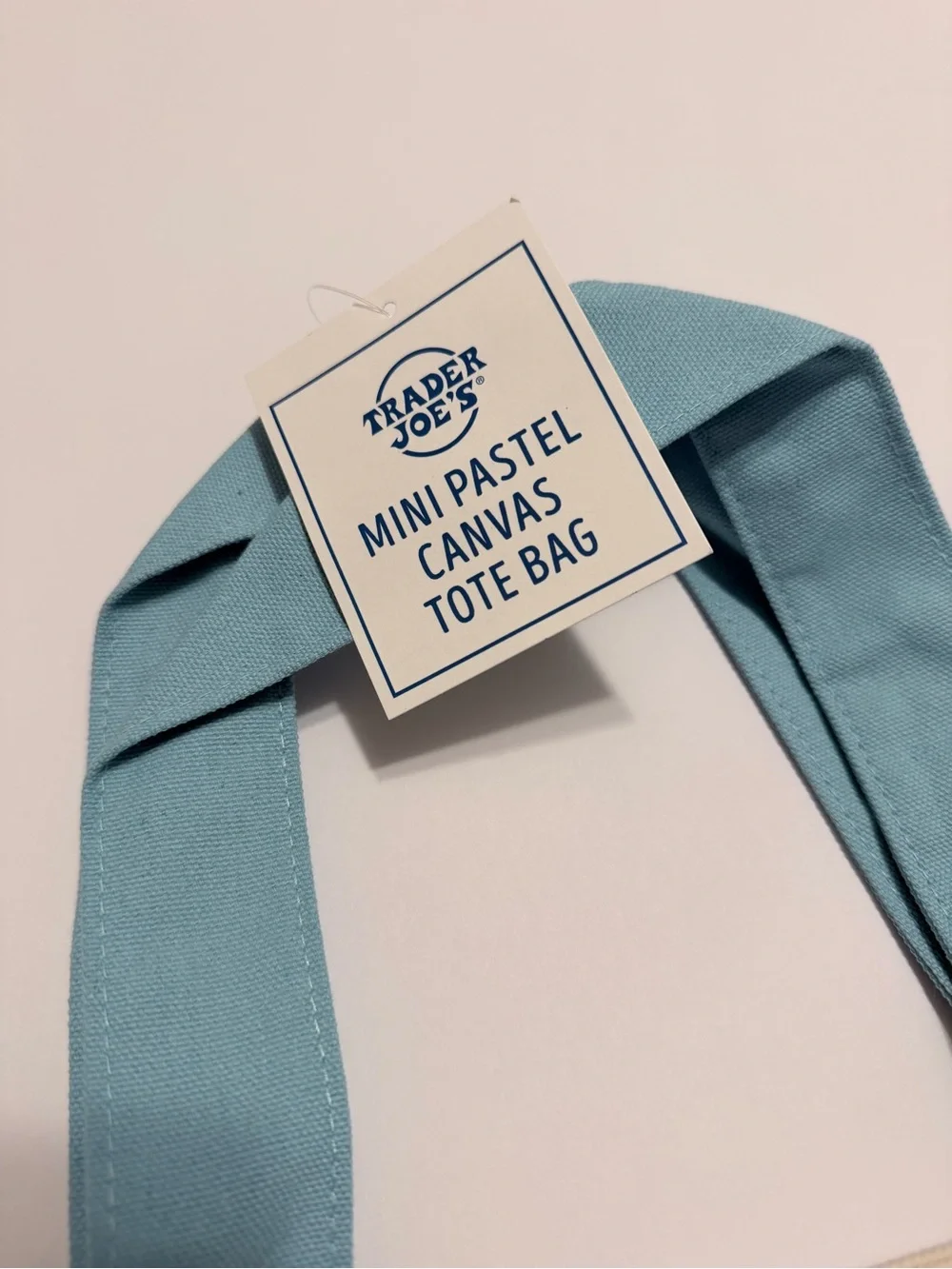 Trader Joe's Mini Pastel Canvas Tote Bag Light Blue Cream‎ Embroidered Logo NWT
